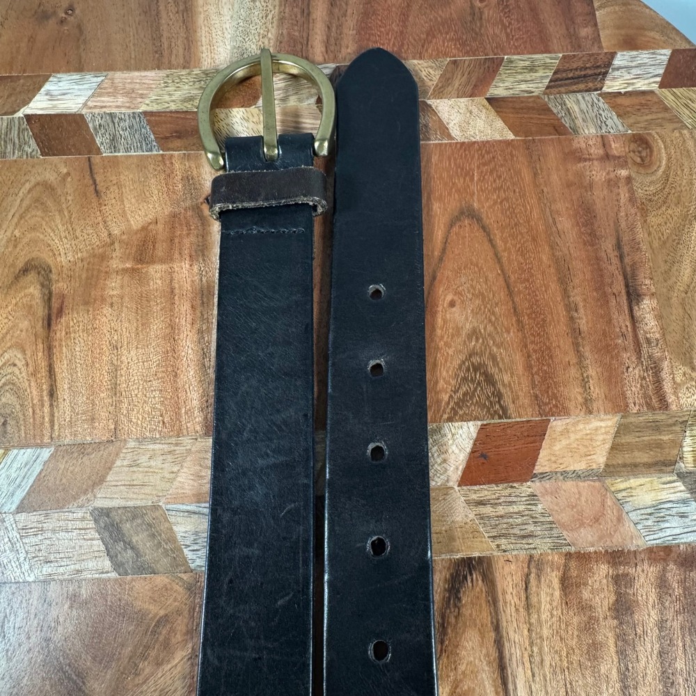 Mens Black Leather Belt Brass D-Ring Buckle Size Medium India Made Classic